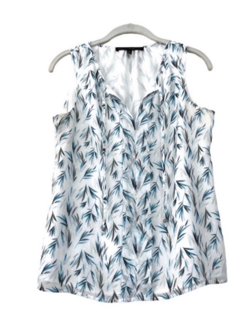 WHBM Sleeveless Blouse Swiss Dot Chiffon Palm Leaf Print Mirage Blue Size 6P